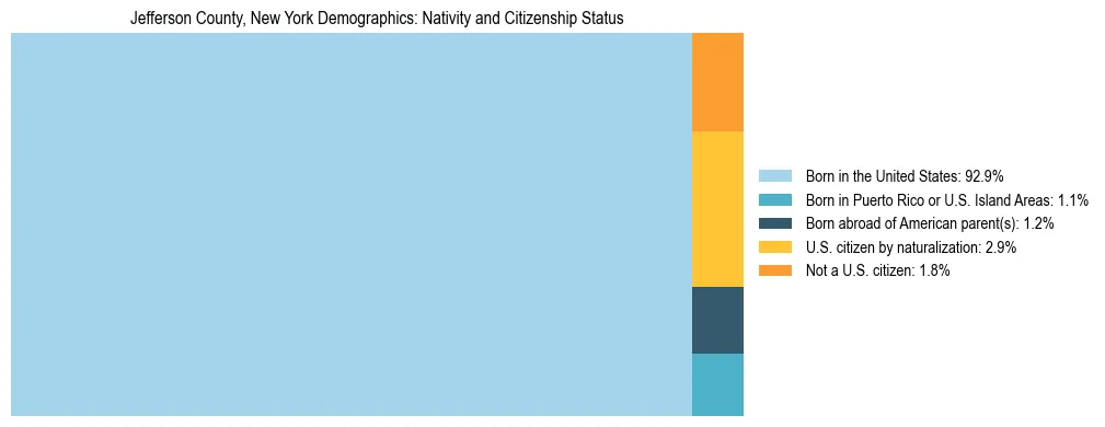 Treemap showing the population distribution by nativity and citizenship status in Jefferson County, New York based on U.S. Census data.