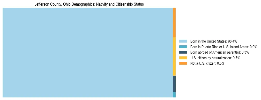 Treemap showing the population distribution by nativity and citizenship status in Jefferson County, Ohio based on U.S. Census data.