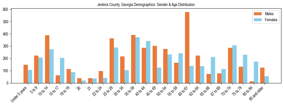 Bar chart showing the population distribution of Jenkins County, Georgia by age group and gender, based on 2023 ACS data.