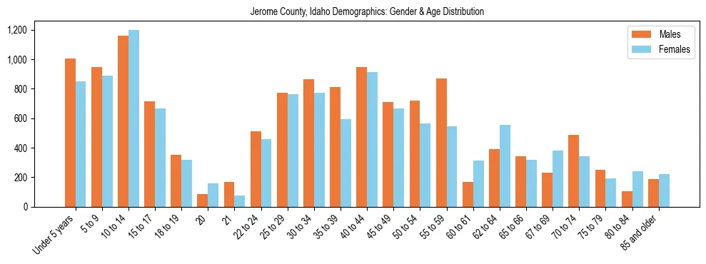 Bar chart showing the population distribution of Jerome County, Idaho by age group and gender, based on 2023 ACS data.