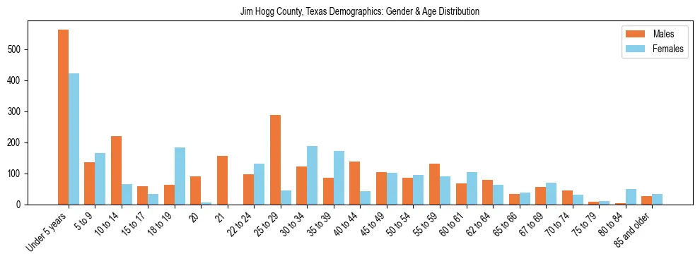 Bar chart showing the population distribution of Jim Hogg County, Texas by age group and gender, based on 2023 ACS data.