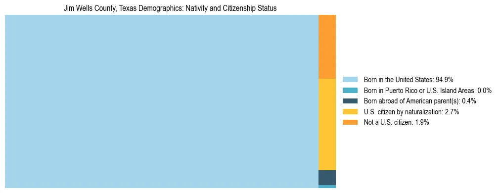 Treemap showing the population distribution by nativity and citizenship status in Jim Wells County, Texas based on U.S. Census data.