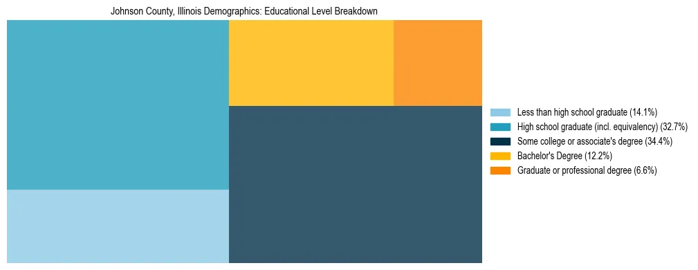 Treemap chart illustrating the educational attainment breakdown for population 25 years and over in Johnson County, Illinois.