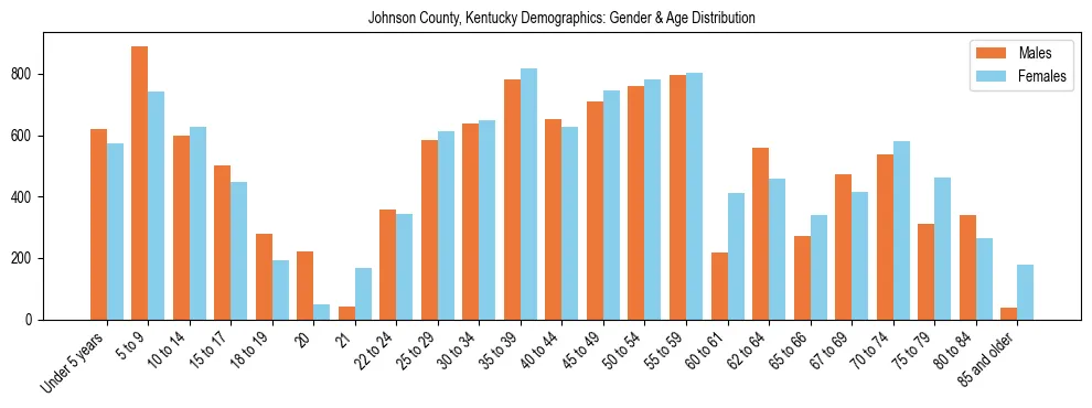Bar chart showing the population distribution of Johnson County, Kentucky by age group and gender, based on 2023 ACS data.