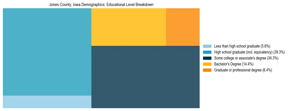 Treemap chart illustrating the educational attainment breakdown for population 25 years and over in Jones County, Iowa.
