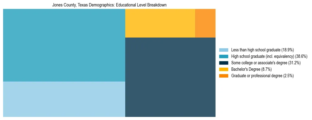 Treemap chart illustrating the educational attainment breakdown for population 25 years and over in Jones County, Texas.