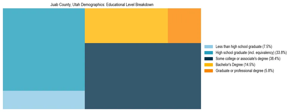 Treemap chart illustrating the educational attainment breakdown for population 25 years and over in Juab County, Utah.