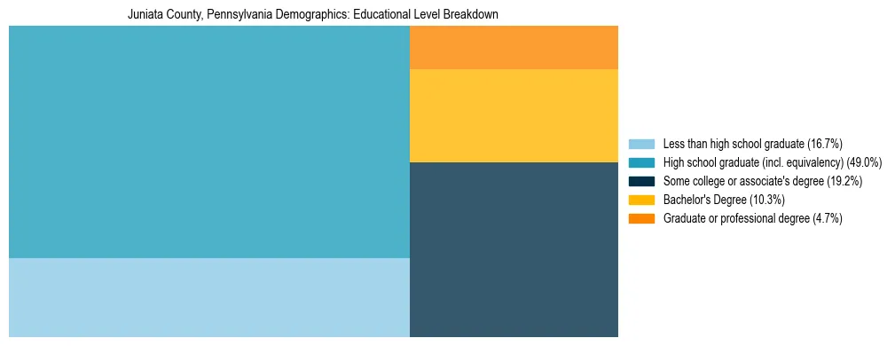 Treemap chart illustrating the educational attainment breakdown for population 25 years and over in Juniata County, Pennsylvania.