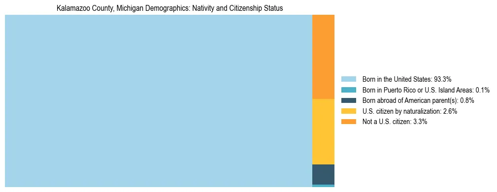 Treemap showing the population distribution by nativity and citizenship status in Kalamazoo County, Michigan based on U.S. Census data.
