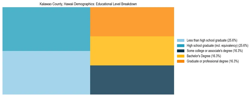 Treemap chart illustrating the educational attainment breakdown for population 25 years and over in Kalawao County, Hawaii.