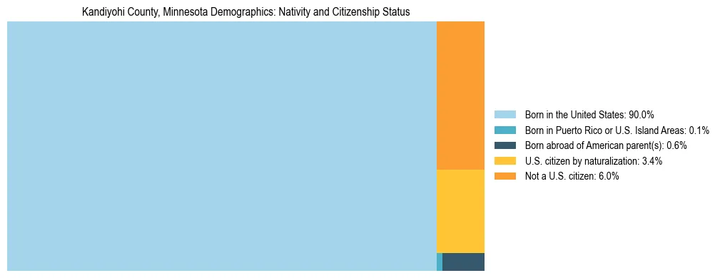 Treemap showing the population distribution by nativity and citizenship status in Kandiyohi County, Minnesota based on U.S. Census data.