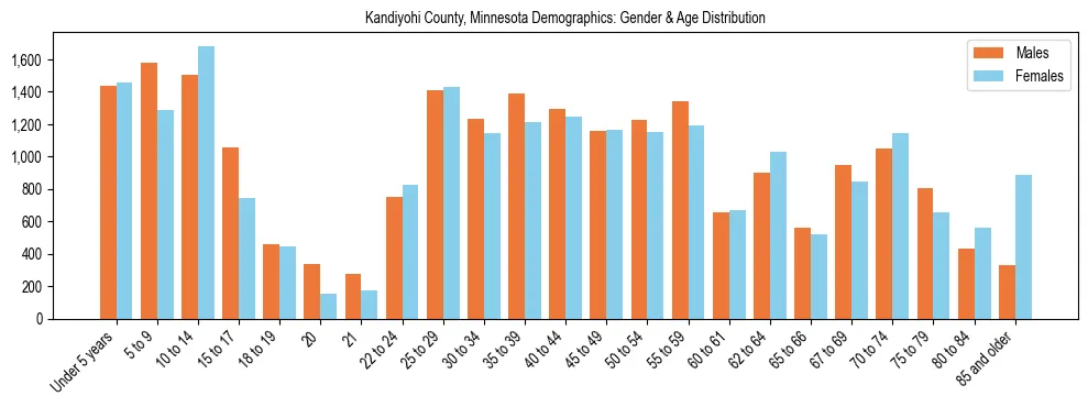 Bar chart showing the population distribution of Kandiyohi County, Minnesota by age group and gender, based on 2023 ACS data.
