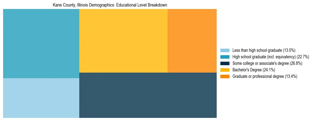 Treemap chart illustrating the educational attainment breakdown for population 25 years and over in Kane County, Illinois.