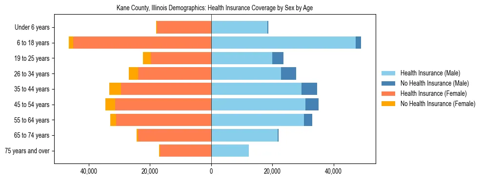 Pyramid chart showing health insurance coverage by age and sex in Kane County, Illinois.