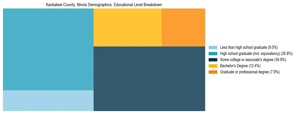 Treemap chart illustrating the educational attainment breakdown for population 25 years and over in Kankakee County, Illinois.