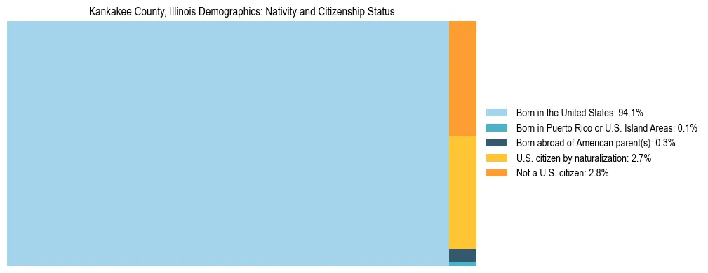 Treemap showing the population distribution by nativity and citizenship status in Kankakee County, Illinois based on U.S. Census data.