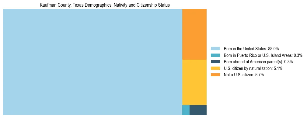 Treemap showing the population distribution by nativity and citizenship status in Kaufman County, Texas based on U.S. Census data.