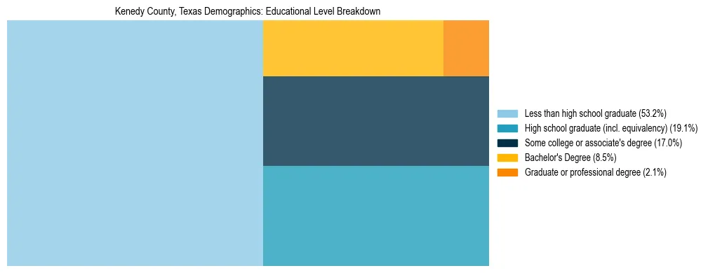 Treemap chart illustrating the educational attainment breakdown for population 25 years and over in Kenedy County, Texas.