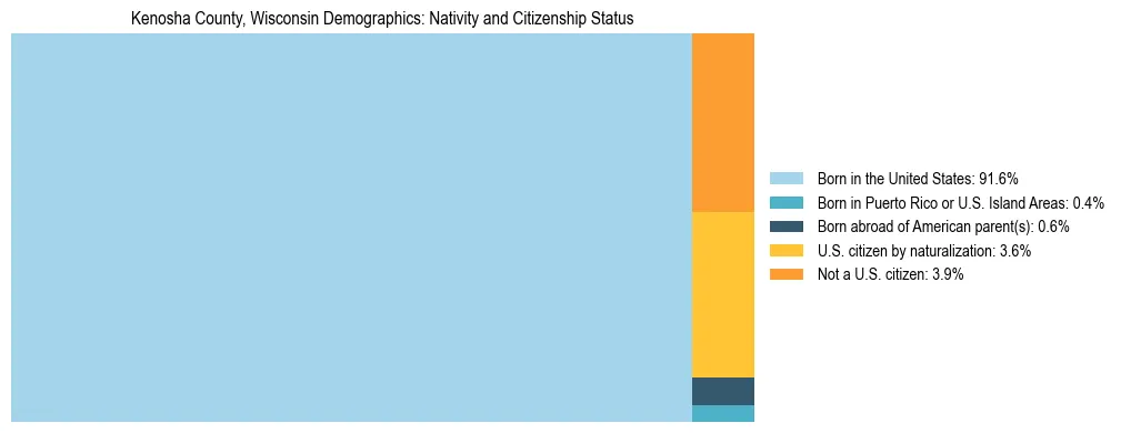 Treemap showing the population distribution by nativity and citizenship status in Kenosha County, Wisconsin based on U.S. Census data.