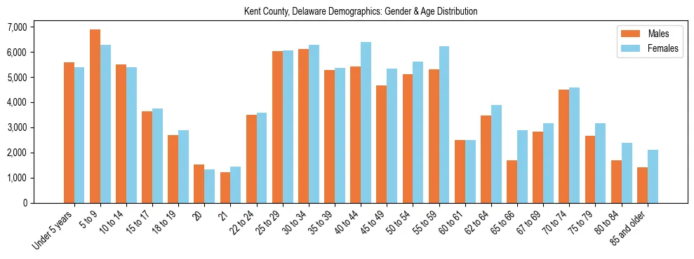 Bar chart showing the population distribution of Kent County, Delaware by age group and gender, based on 2023 ACS data.