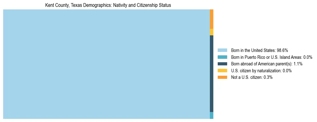 Treemap showing the population distribution by nativity and citizenship status in Kent County, Texas based on U.S. Census data.