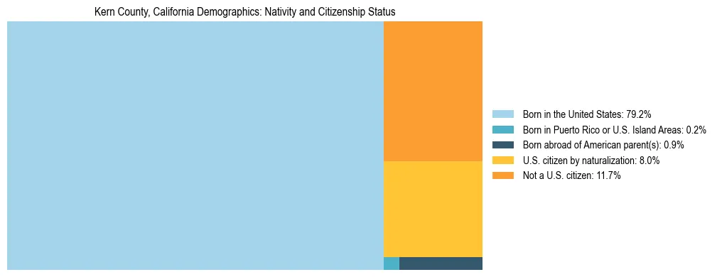 Treemap showing the population distribution by nativity and citizenship status in Kern County, California based on U.S. Census data.