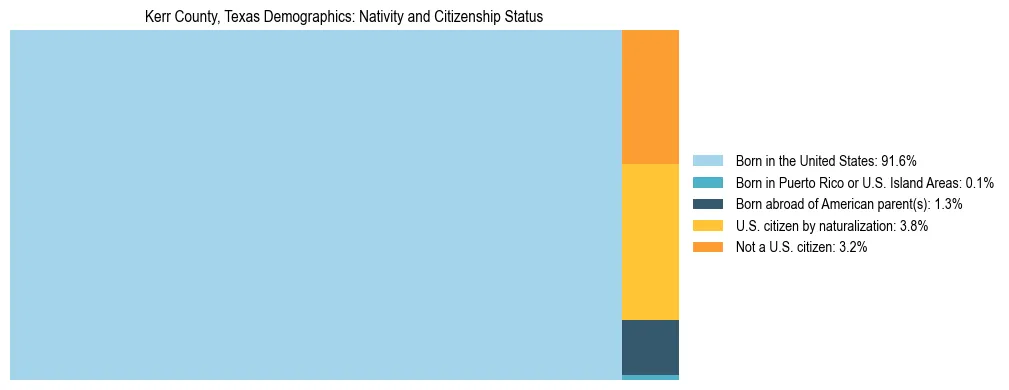 Treemap showing the population distribution by nativity and citizenship status in Kerr County, Texas based on U.S. Census data.