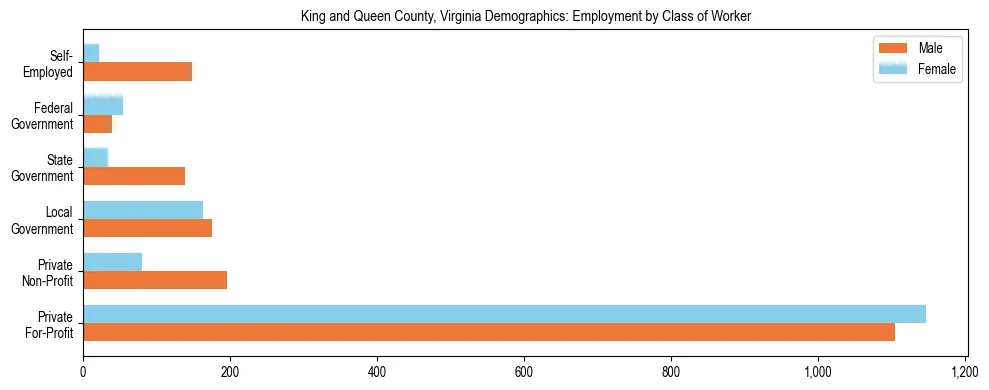 Horizontal bar chart showing employment distribution by class of worker and gender in King and Queen County, Virginia, based on 2023 ACS data.