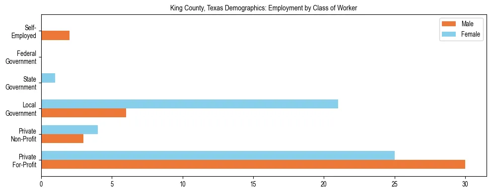 Horizontal bar chart showing employment distribution by class of worker and gender in King County, Texas, based on 2023 ACS data.