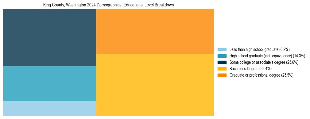 Treemap chart illustrating the educational attainment breakdown for population 25 years and over in King County, Washington.