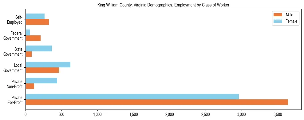 Horizontal bar chart showing employment distribution by class of worker and gender in King William County, Virginia, based on 2023 ACS data.