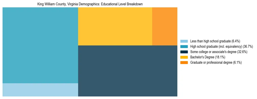 Treemap chart illustrating the educational attainment breakdown for population 25 years and over in King William County, Virginia.