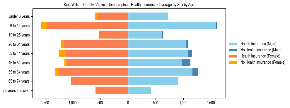 Pyramid chart showing health insurance coverage by age and sex in King William County, Virginia.