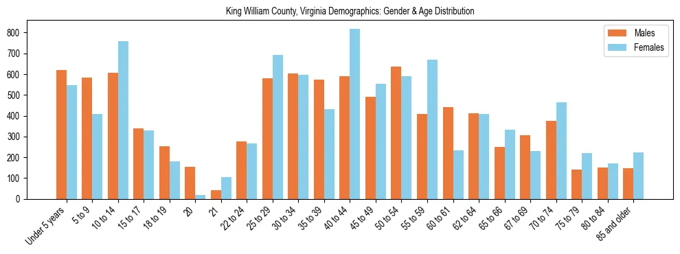 Bar chart showing the population distribution of King William County, Virginia by age group and gender, based on 2023 ACS data.