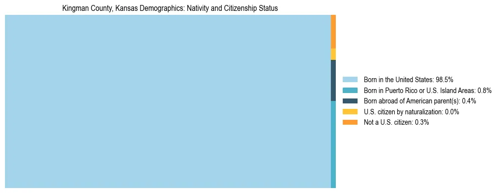 Treemap showing the population distribution by nativity and citizenship status in Kingman County, Kansas based on U.S. Census data.
