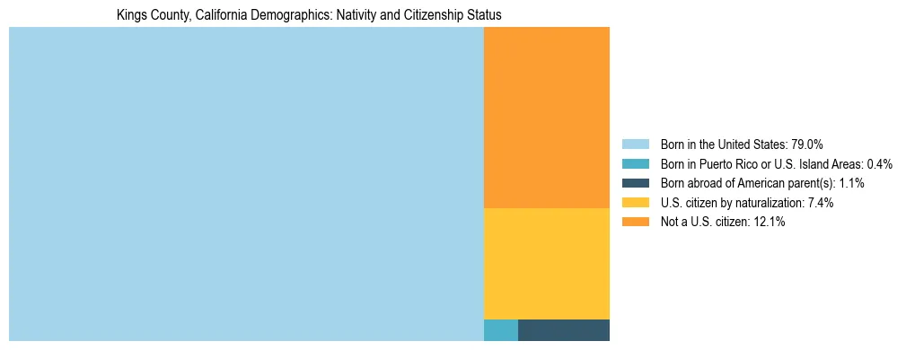 Treemap showing the population distribution by nativity and citizenship status in Kings County, California based on U.S. Census data.