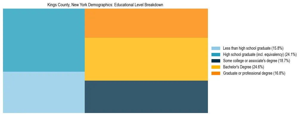 Treemap chart illustrating the educational attainment breakdown for population 25 years and over in Kings County, New York.