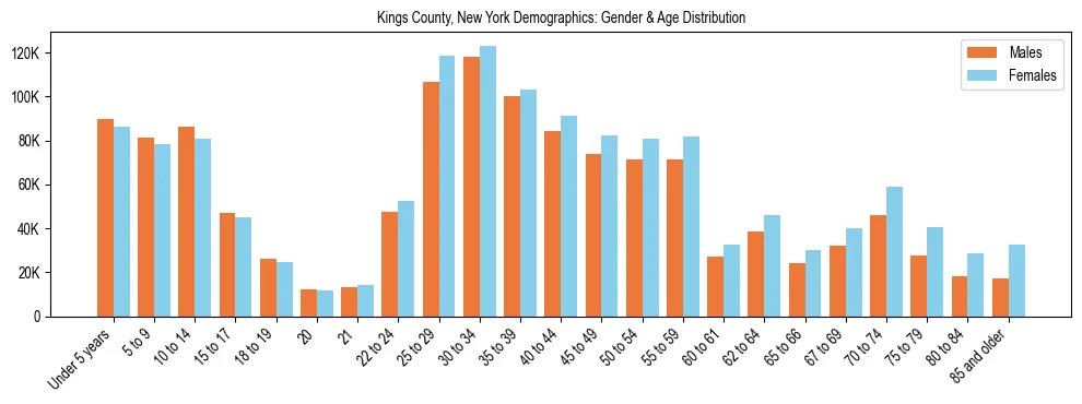 Bar chart showing the population distribution of Kings County, New York by age group and gender, based on 2023 ACS data.