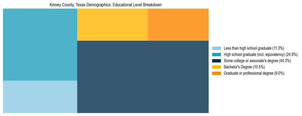 Treemap chart illustrating the educational attainment breakdown for population 25 years and over in Kinney County, Texas.