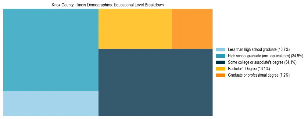 Treemap chart illustrating the educational attainment breakdown for population 25 years and over in Knox County, Illinois.