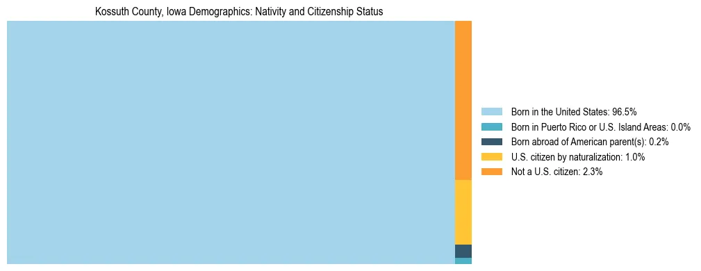 Treemap showing the population distribution by nativity and citizenship status in Kossuth County, Iowa based on U.S. Census data.