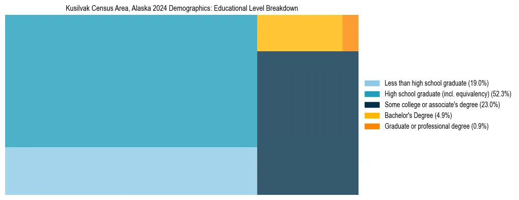 Treemap chart illustrating the educational attainment breakdown for population 25 years and over in Kusilvak Census Area, Alaska.