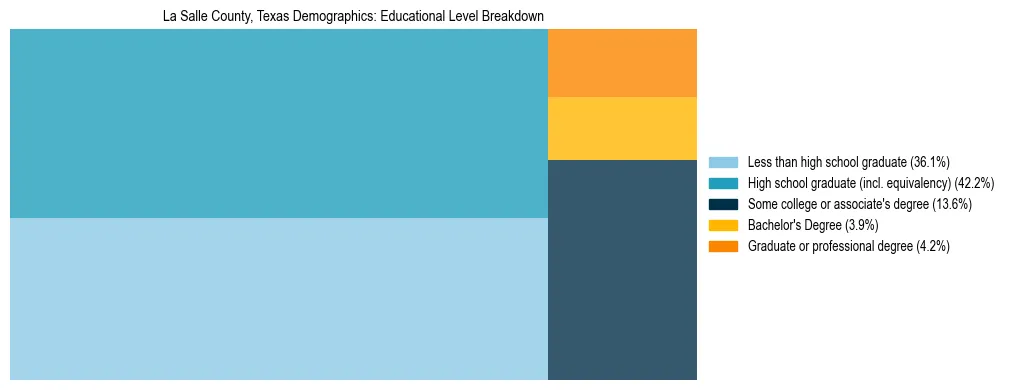 Treemap chart illustrating the educational attainment breakdown for population 25 years and over in La Salle County, Texas.