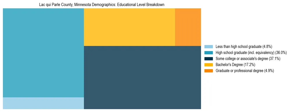 Treemap chart illustrating the educational attainment breakdown for population 25 years and over in Lac qui Parle County, Minnesota.