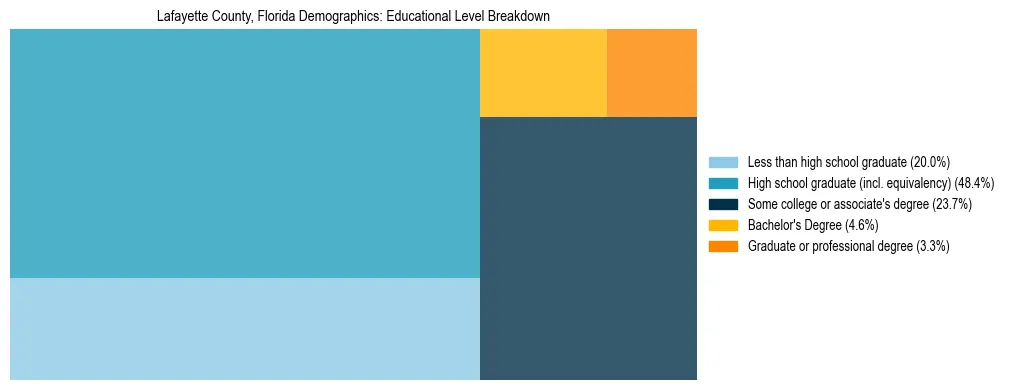 Treemap chart illustrating the educational attainment breakdown for population 25 years and over in Lafayette County, Florida.