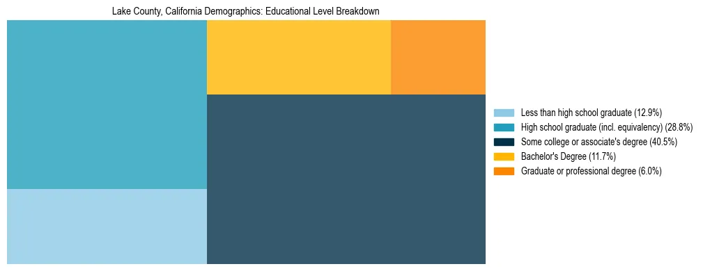 Treemap chart illustrating the educational attainment breakdown for population 25 years and over in Lake County, California.