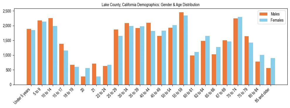 Bar chart showing the population distribution of Lake County, California by age group and gender, based on 2023 ACS data.