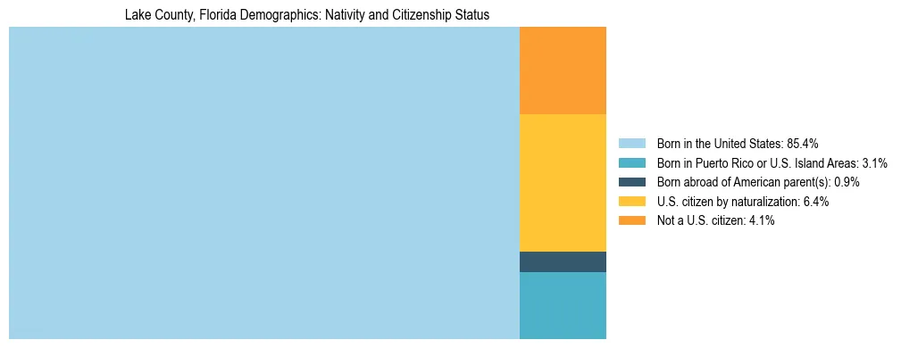 Treemap showing the population distribution by nativity and citizenship status in Lake County, Florida based on U.S. Census data.