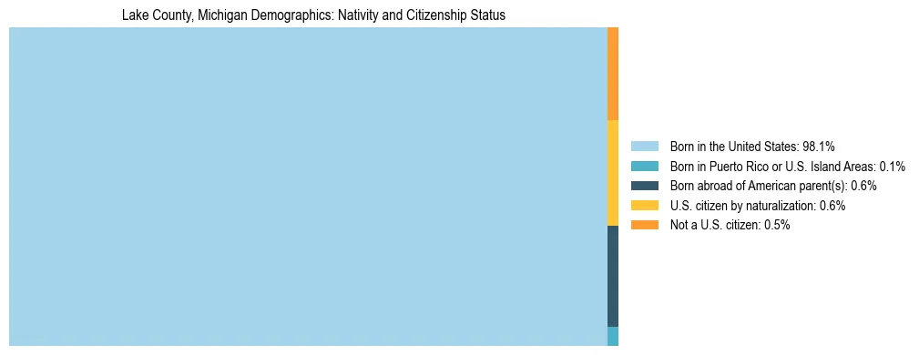 Treemap showing the population distribution by nativity and citizenship status in Lake County, Michigan based on U.S. Census data.