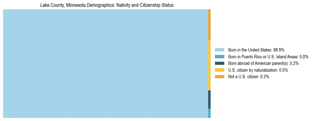 Treemap showing the population distribution by nativity and citizenship status in Lake County, Minnesota based on U.S. Census data.